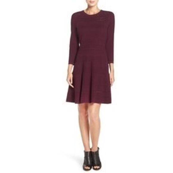 Eliza J Women's Wine Sweater Dress With Cutwork 3/4 Sleeve Fit & Flare Size L - Picture 2 of 13